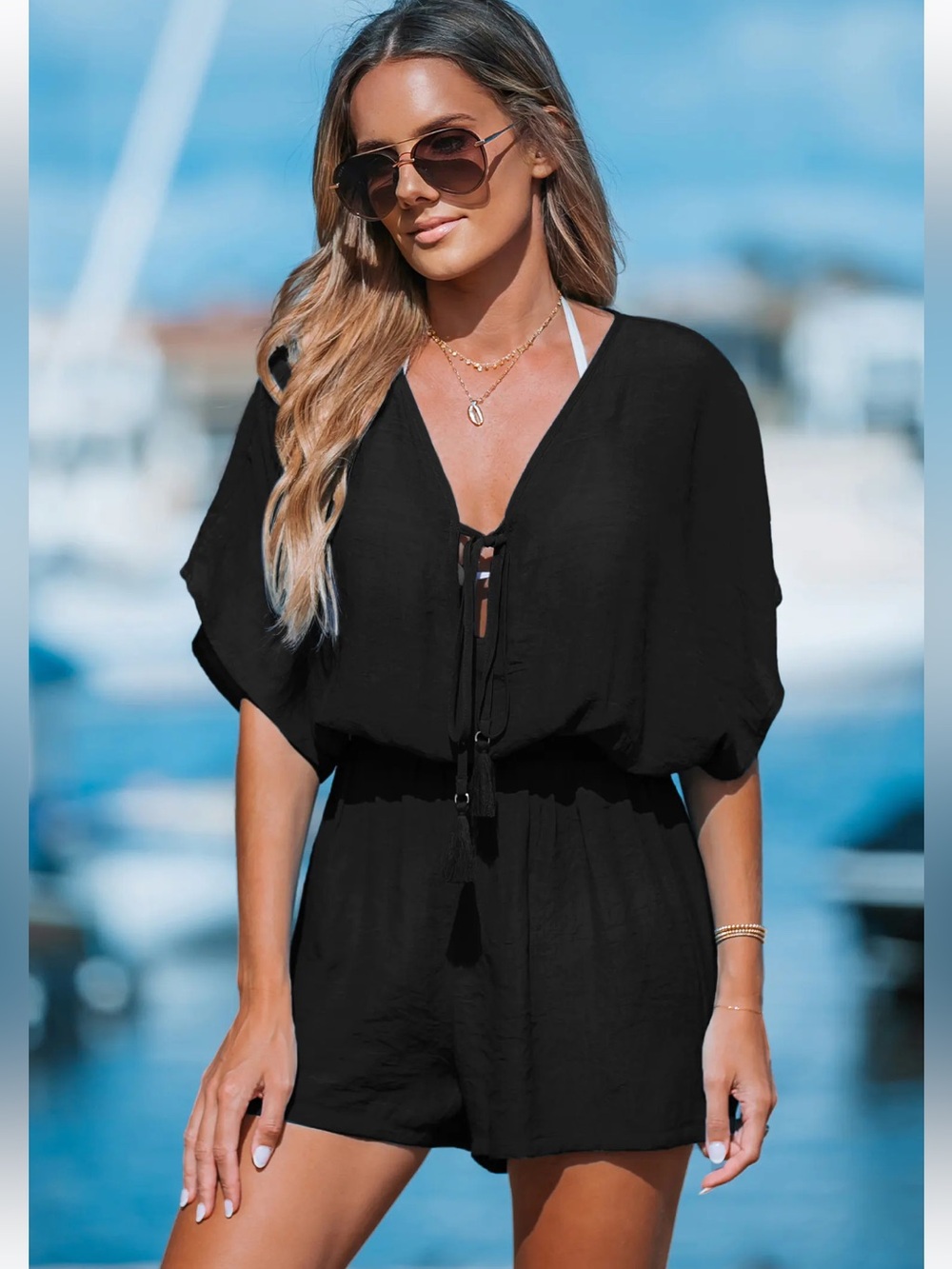Cupshe Black Plunging Tassel Tie Cover-Up Romper. Small - Picture 4 of 7